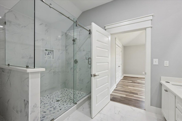 8679 Massey Lake Rd, Silsbee, TX 77656 - full bath featuring a marble finish shower, vanity, marble finish flooring, and vaulted ceiling