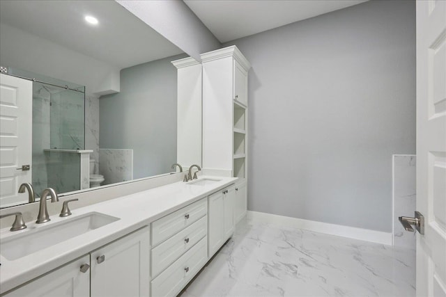 8679 Massey Lake Rd, Silsbee, TX 77656 - bathroom with marble finish floors, a stall shower, and double vanity