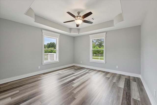 8679 Massey Lake Rd, Silsbee, TX 77656 - spare room featuring a raised ceiling, plenty of natural light, wood finished floors, and a ceiling fan