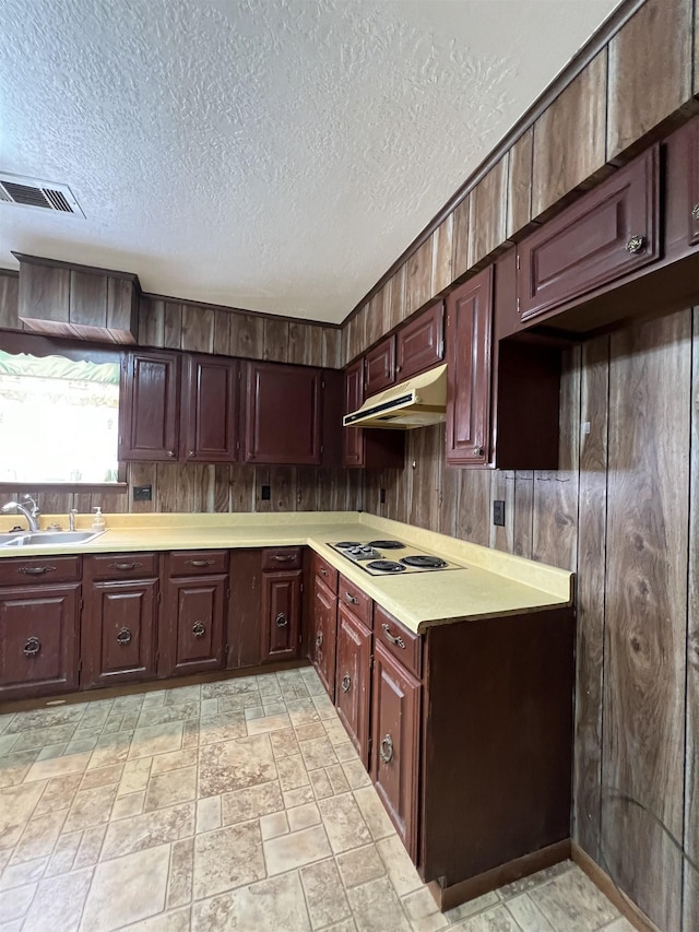 kitchen with a sink, white electric stovetop, under cabinet range hood, a textured ceiling, and light countertops