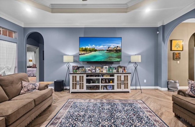 9655 Grapevine Dr, Orange, TX 77630 - living area featuring arched walkways, ornamental molding, a raised ceiling, baseboards, and recessed lighting