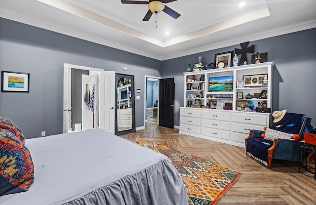 9655 Grapevine Dr, Orange, TX 77630 - bedroom featuring a raised ceiling, crown molding, recessed lighting, ceiling fan, and baseboards