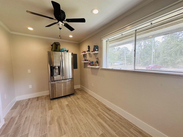 kitchen featuring ceiling fan, light wood-type flooring, stainless steel fridge with ice dispenser, and crown molding