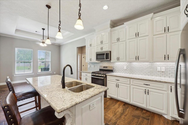 145 Colonial Estates Dr, Bridge City, TX 77611 - kitchen featuring stainless steel appliances, a sink, a raised ceiling, dark wood-style flooring, and a kitchen breakfast bar