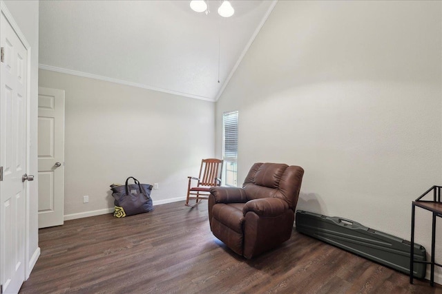 211 Skylark Ave, Bridge City, TX 77611 - living area featuring crown molding, wood finished floors, baseboards, and high vaulted ceiling