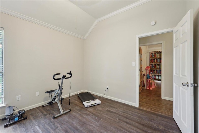 211 Skylark Ave, Bridge City, TX 77611 - workout area featuring ornamental molding, lofted ceiling, wood finished floors, and baseboards