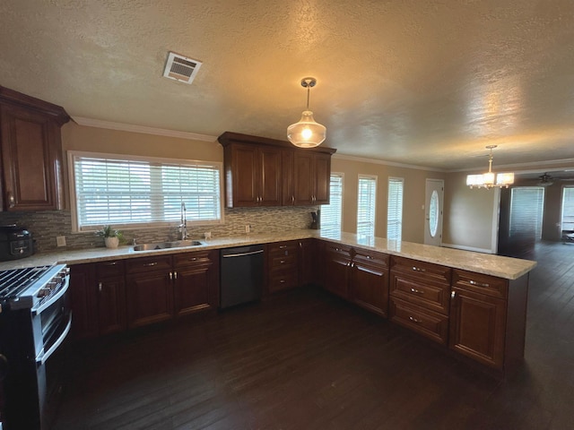 4400 Bethany St, Port Arthur, TX 77642 - kitchen featuring dishwasher, range with two ovens, dark wood-style flooring, a sink, and decorative backsplash