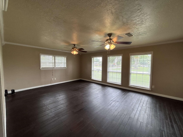 4400 Bethany St, Port Arthur, TX 77642 - empty room featuring baseboards, a ceiling fan, dark wood-style floors, crown molding, and a textured ceiling
