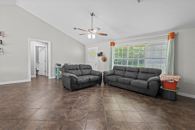 3329 Model Dr, Kountze, TX 77625 - living area featuring ceiling fan, baseboards, and high vaulted ceiling