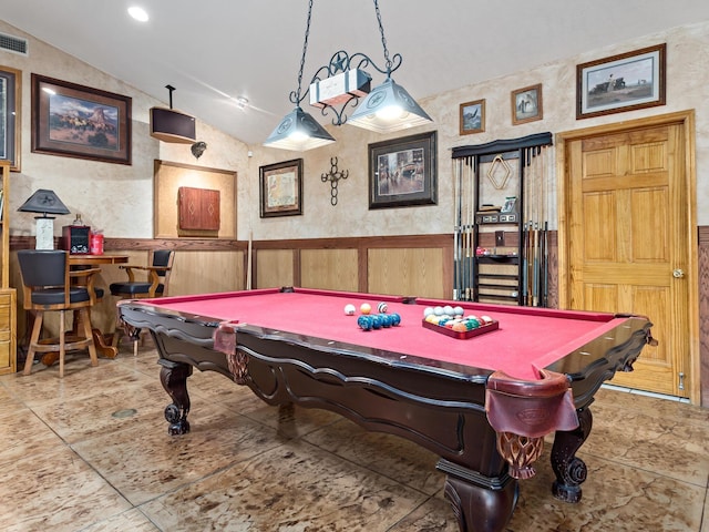 playroom with wooden walls, lofted ceiling, and billiards