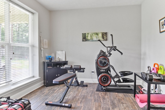 workout area featuring dark wood-type flooring