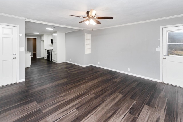 unfurnished living room featuring crown molding, ceiling fan, and dark hardwood / wood-style flooring