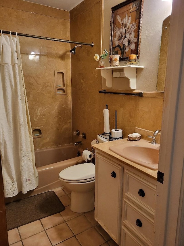 full bathroom featuring tile patterned floors, vanity, shower / bath combination with curtain, and toilet