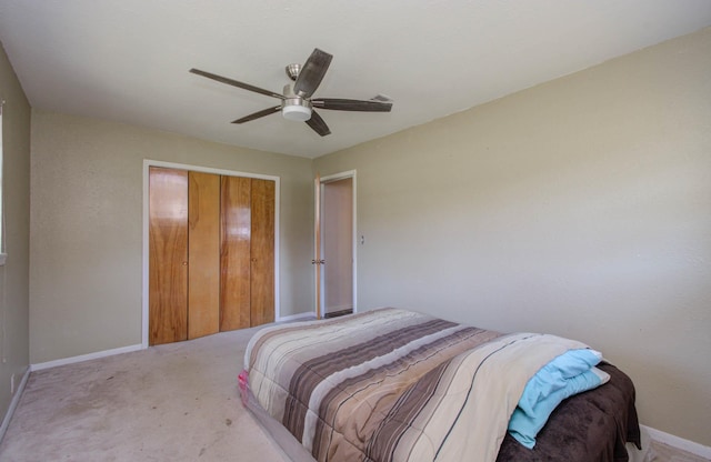 bedroom with ceiling fan, a closet, and carpet floors