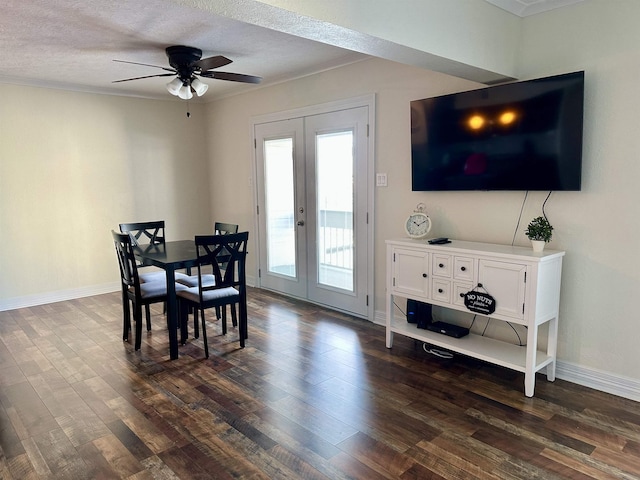 560 Pleasure Island Blvd, Port Arthur, TX 77640 - dining room with french doors, dark wood-style floors, ceiling fan, crown molding, and baseboards