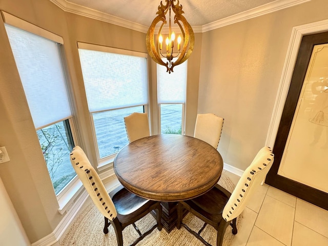 tiled dining room with ornamental molding and a notable chandelier