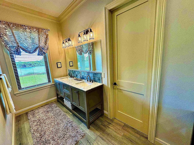 bathroom featuring a sink, ornamental molding, wood finished floors, and a healthy amount of sunlight
