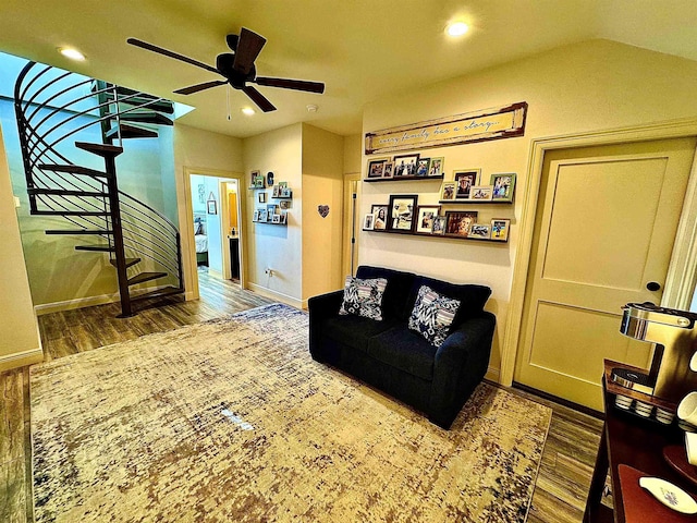 living room featuring stairs, a ceiling fan, recessed lighting, and wood finished floors