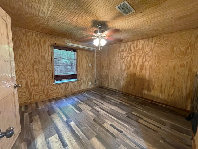 empty room featuring dark wood-type flooring, ceiling fan, wood walls, and wood ceiling