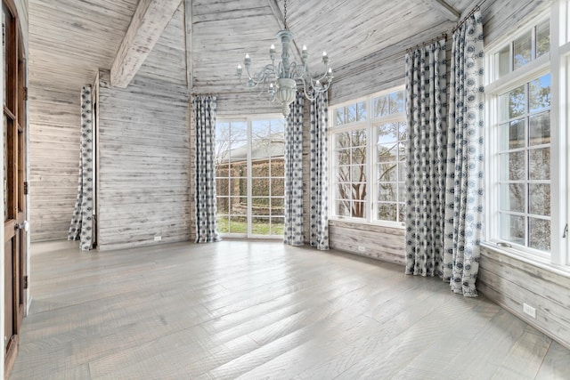 unfurnished room with an inviting chandelier, hardwood / wood-style flooring, wooden walls, and wooden ceiling