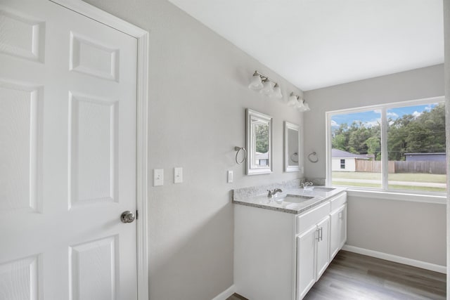 bathroom with hardwood / wood-style floors and vanity