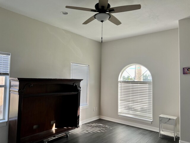 unfurnished office featuring ceiling fan and dark hardwood / wood-style floors