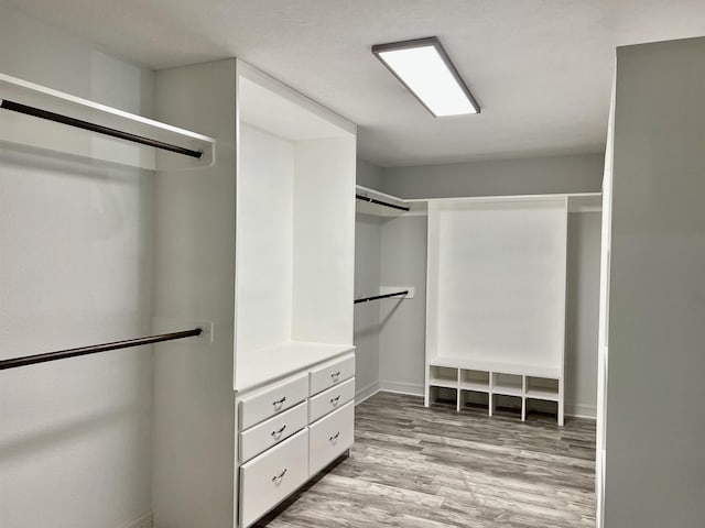 walk in closet with light hardwood / wood-style floors