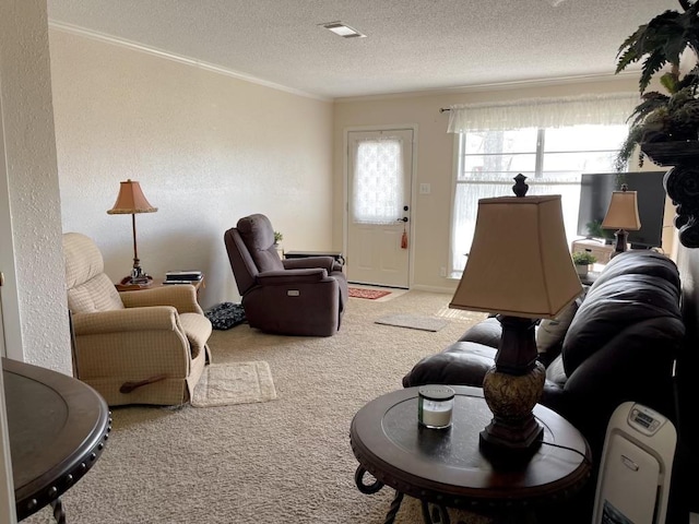 living room with carpet, a textured ceiling, and crown molding