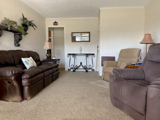 living room with light carpet, a textured ceiling, and ornamental molding