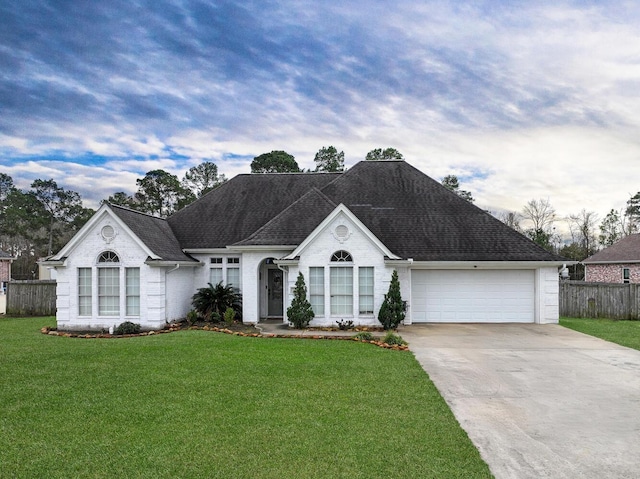 ranch-style house with a garage and a front lawn