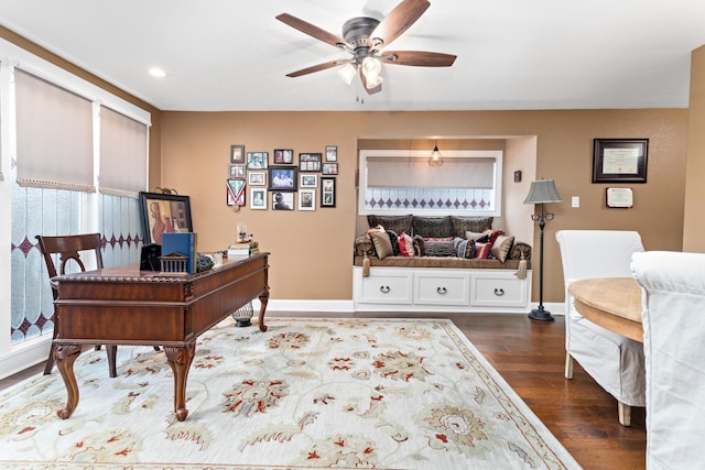 office area featuring hardwood / wood-style flooring and ceiling fan