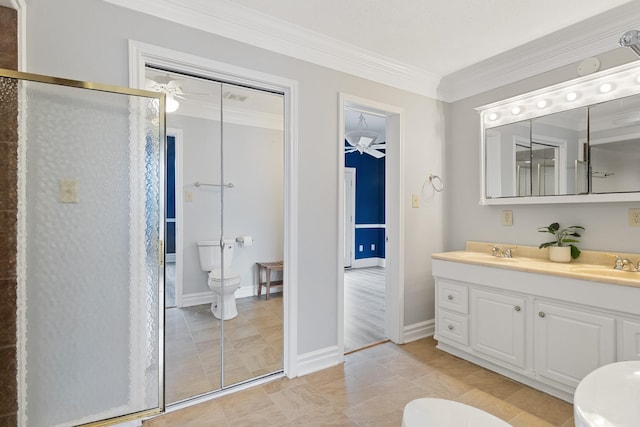 bathroom featuring ceiling fan, toilet, ornamental molding, and a shower with shower door