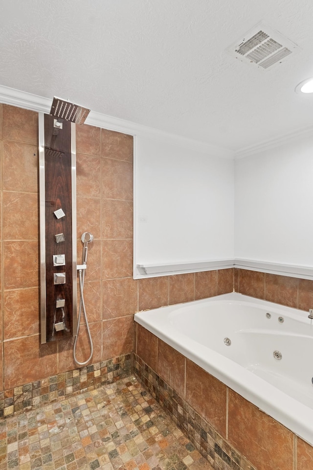 bathroom featuring plus walk in shower and crown molding