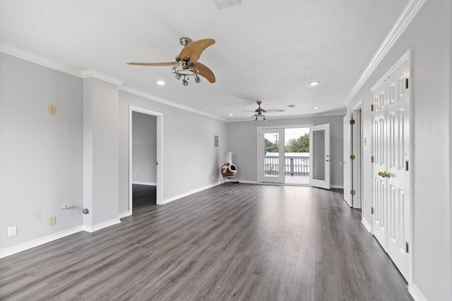 unfurnished living room with dark hardwood / wood-style floors, ceiling fan, and ornamental molding