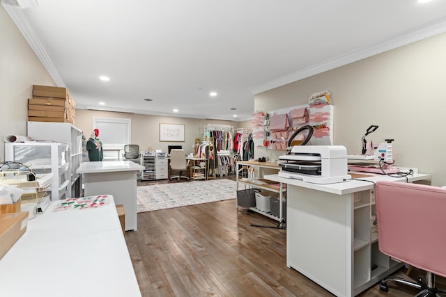 office featuring dark hardwood / wood-style floors and ornamental molding