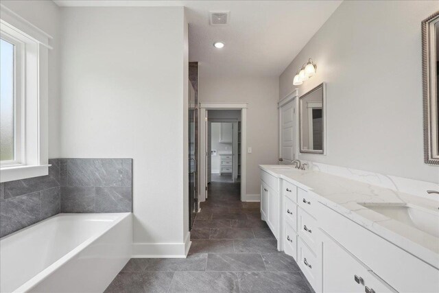 full bathroom featuring a sink, a garden tub, and plenty of natural light