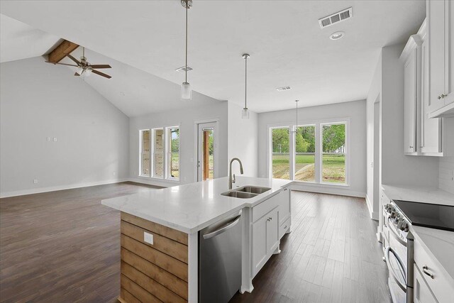 kitchen with visible vents, ceiling fan, stainless steel appliances, a sink, and dark wood-style floors