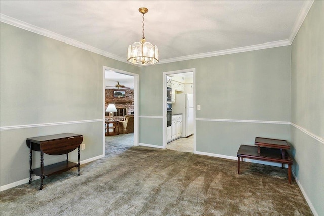 interior space with ceiling fan with notable chandelier and ornamental molding