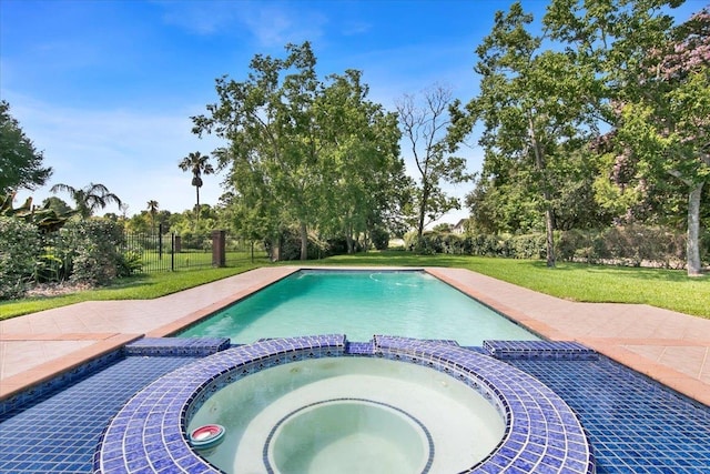 view of swimming pool with an in ground hot tub and a lawn