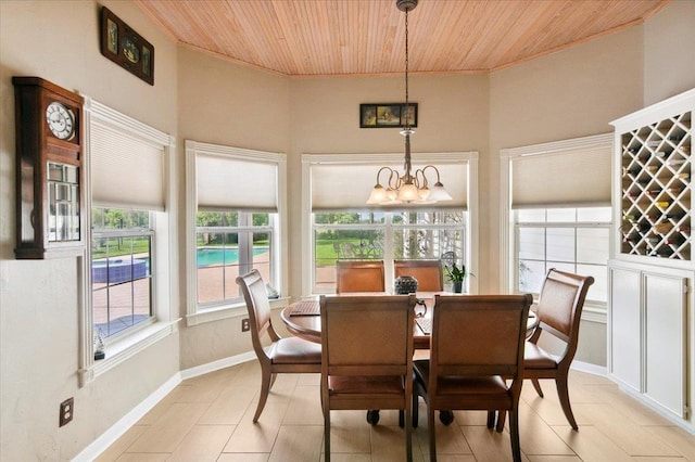 dining area featuring a chandelier and wooden ceiling