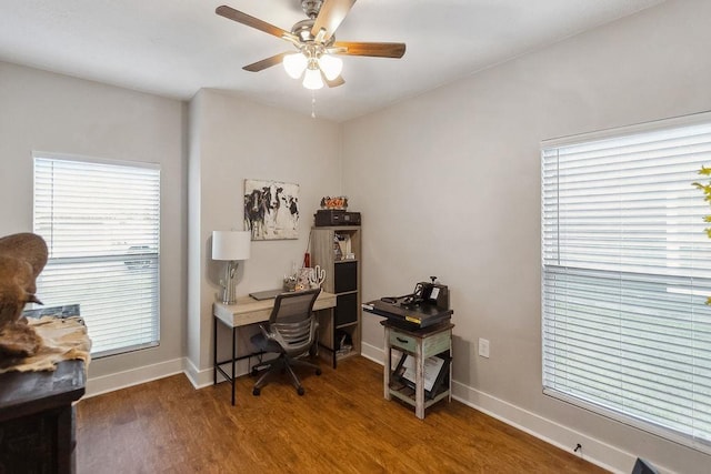 office space with ceiling fan and dark wood-type flooring