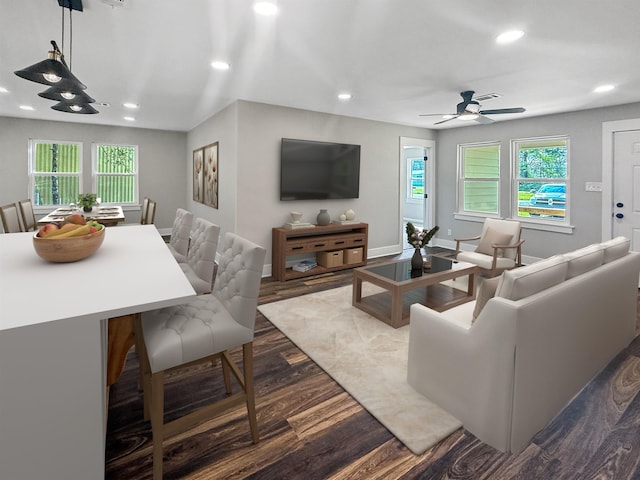 390 W Park St, Vidor, TX 77662 - living room featuring dark wood-type flooring, ceiling fan, recessed lighting, and baseboards