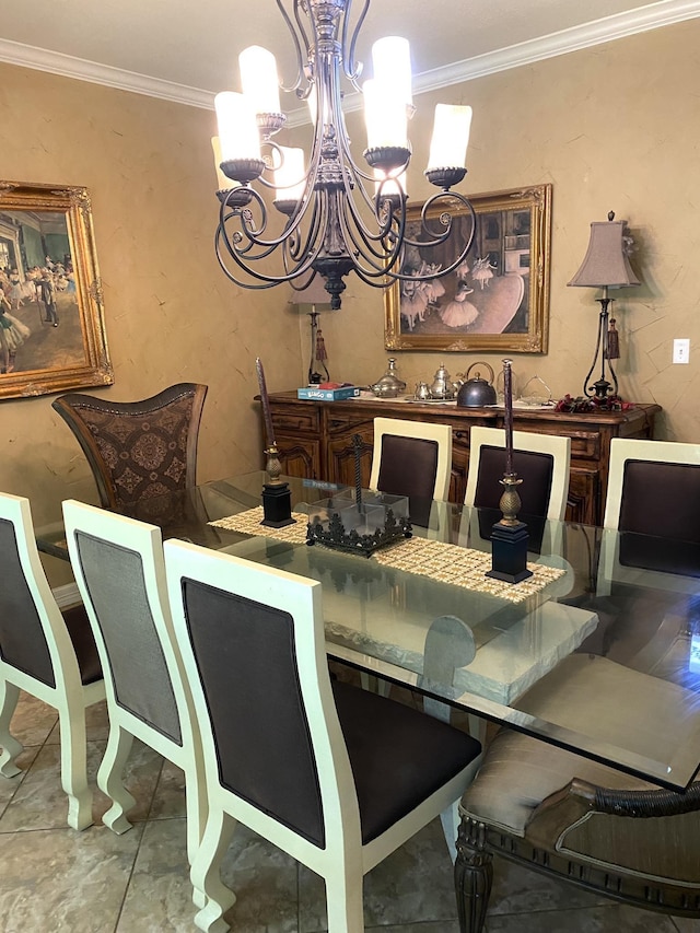 dining area featuring tile patterned floors, crown molding, and a notable chandelier