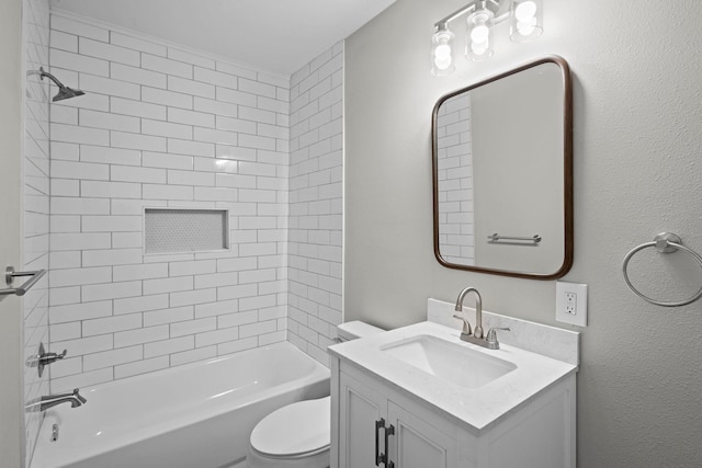bathroom featuring shower / bathtub combination, toilet, and vanity