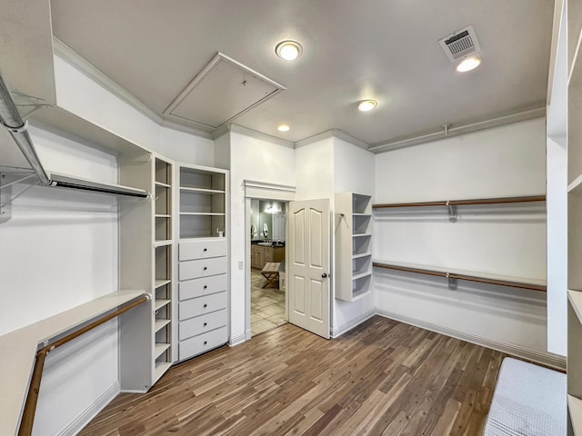 spacious closet featuring dark hardwood / wood-style flooring