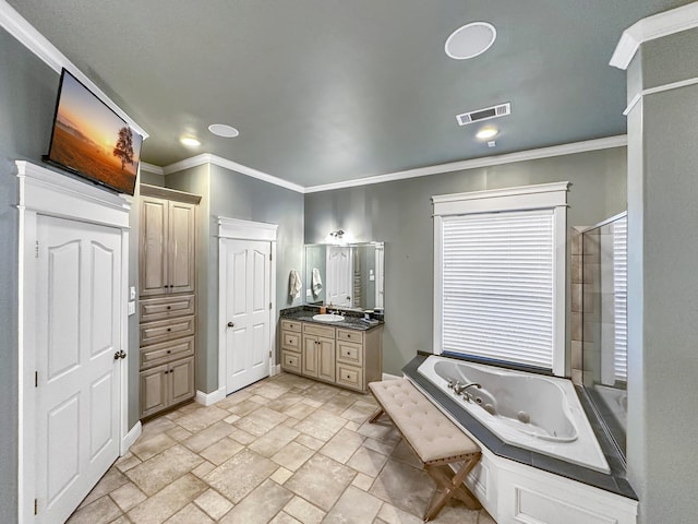 bathroom with crown molding, vanity, and independent shower and bath