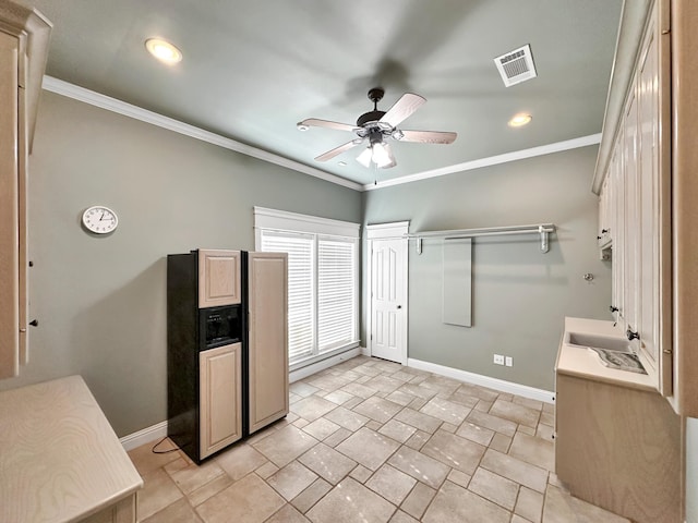 interior space with crown molding and ceiling fan