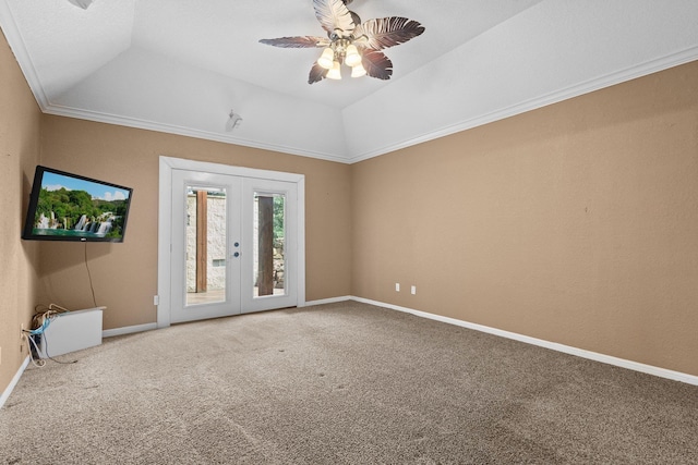 unfurnished room with french doors, carpet floors, a ceiling fan, and baseboards