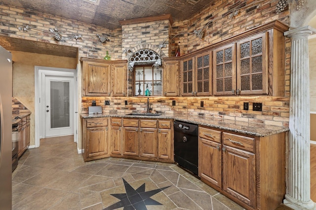 kitchen with dishwasher, a sink, brown cabinets, and an ornate ceiling