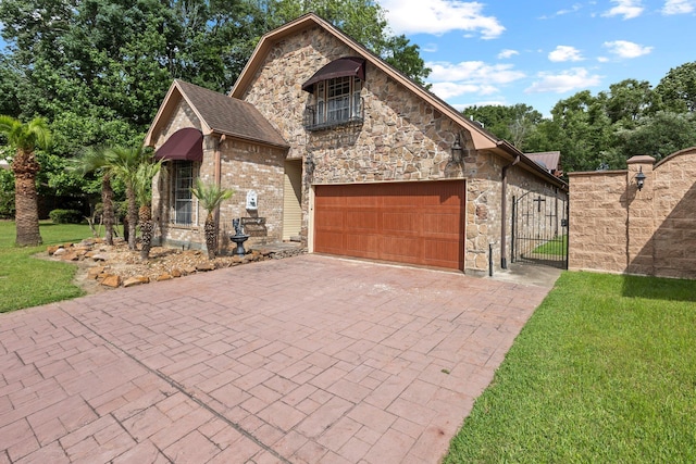 view of front of property featuring a gate, stone siding, decorative driveway, a garage, and a front yard